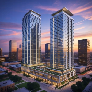 Two sleek high-rise towers on a 1.48-acre downtown Houston site...
