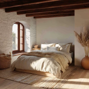 High-resolution photograph of a natural textures bedroom, full-r...
