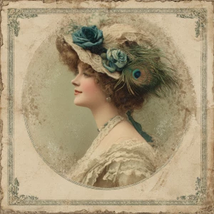 Edwardian blonde lady in 3/4 profile, soft smile, lace collar an...