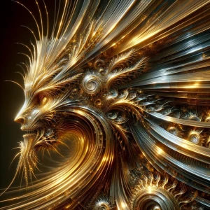 A glistening, shimmering gilded wild digital avatar, its metalli...