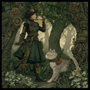 In a dark green forest with towering trees, a brunette woman str...