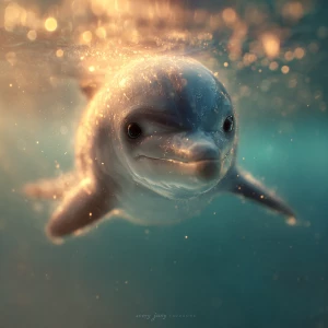 Joy the baby dolphin swimming gracefully just beneath the ocean...