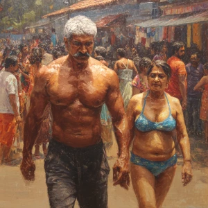 Hyperrealism, oil painting,a muscular beefy kerela man walking ,...
