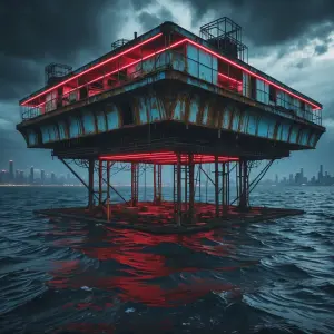 A rusting, neon-lit structure hovers over a murky, polluted sea...