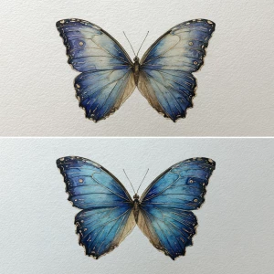 Prompt: Morpho menelaus top-view and 3/4-view; delicate bodies;...