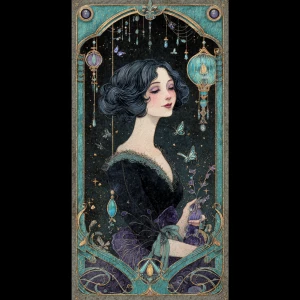 Edwardian fae journal card — black butterflies, astrolabes, hang...