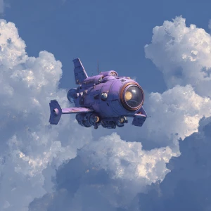 Generate an image of a small, purple spacecraft floating ominous...