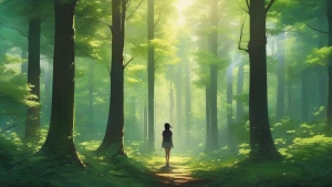 A person standing in a serene forest clearing, surrounded by tal...