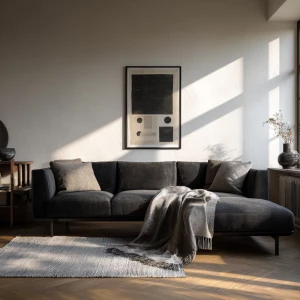 Create an editorial cinematic photograph of a Scandinavian monoc...