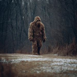 Show me a picture of a humanoid looking haircovered sasquatch wa...