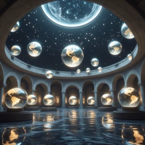 Glass Globe Map Room
A vast spherical chamber glimmers with quie...