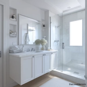 Create a realistic image of a small modern bathroom in an all-wh...