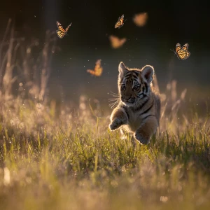 A young tiger cub named Teddy makes an energetic leap forward, l...
