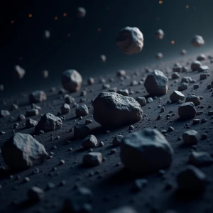 Create a realistic depiction of asteriods floating in deep space...