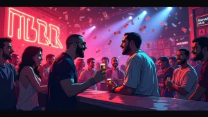 luxurious nightclub full of meme characters and dollar confetti,...