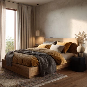 Create a Scandinavian-style bedroom featuring heavy linen drapes...