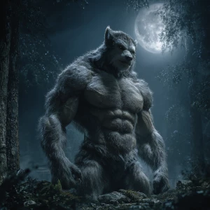 In a moonlit forest clearing, visualize a powerful lycanthrope w...