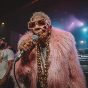 An elderly woman on a rap battle stage, holding a microphone. Sh...