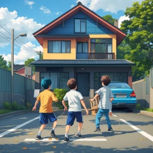 A play outside of home with his friends, the house front of a hi...