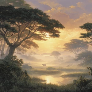 Create an expansive African vista bathed in the soft glow of mor...