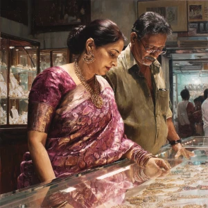 Hyperrealism,oil painting.a  mature gujarati mother in law in he...