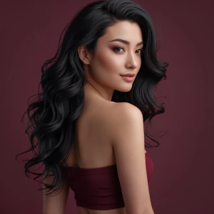 A hyper-realistic studio portrait of my face with long wavy blac...