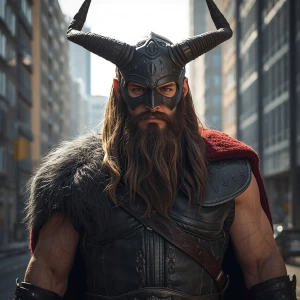 Modern reimagining of a Norse god in urban setting, natural ligh...