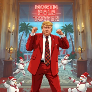GTA Vice City loading screen panel: golden-haired Trump in Santa...
