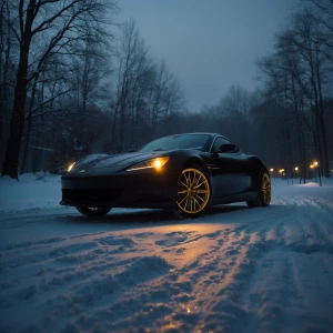A sleek black sports car parked on a snowy road at night, illumi...
