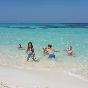 give me a real pictures of 5 kids playing with water in a turquo...