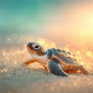 Coco the baby sea turtle on a sandy beach at sunrise, warm golde...