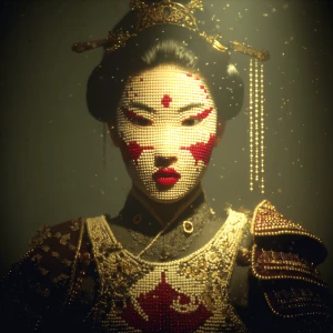 A beautiful Japanese girl with red and white face paint, "Aoyama...