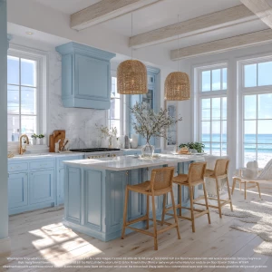“Bright coastal-style kitchen with soft blue shaker cabinets, wh...