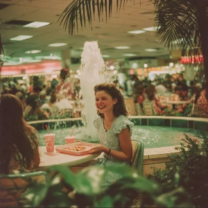 A teenage girl in 1992 holding a tray with a slice of mall pizza...