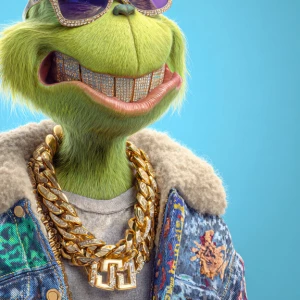 Illustrate a modern, hyper-animated rendition of the Grinch with...