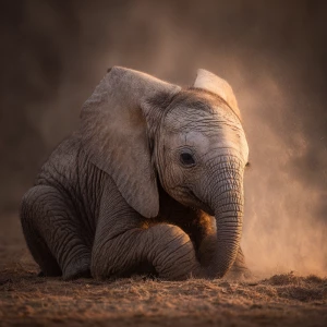 A baby African elephant named Ember, getting ready to sleep. Gen...