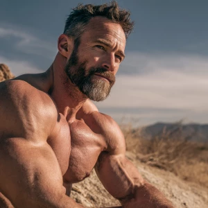 A close-up portrait of a muscular white man with a beard, sittin...