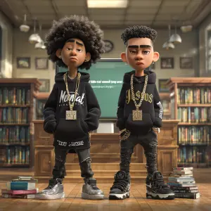 Create a photorealistic cartoon-style caricature featuring two A...