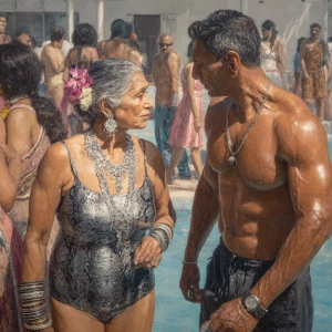 Hyperrealism ,oil painting. a gujarati  mother in law, in her la...