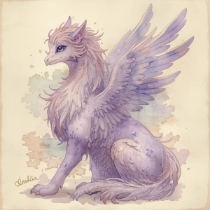 An elegantly faded nebulous griffin, its form a blend of washed-...