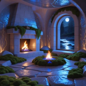 Create an image of a stone fireplace glow chamber: Picture a hea...