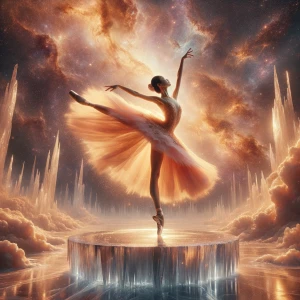 Create a hyper-realistic cosmic ballerina in a high arabesque po...