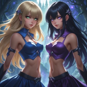 A striking eye-level shot of two twin girls, designed in the sty...