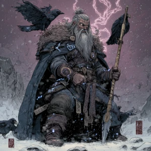 Full-body portrait of an ancient one-eyed warrior king, wearing...