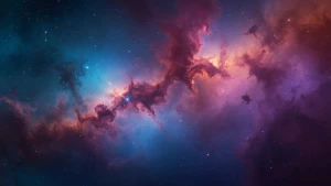 Create a wide cosmic scene with vibrant, multicolored nebulae in...