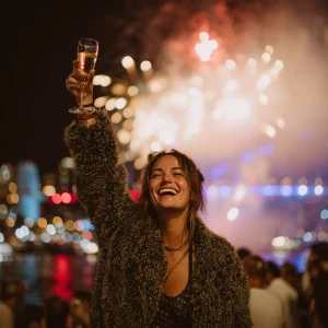 A woman joyfully standing on a crowded Sydney Harbour promenade,...