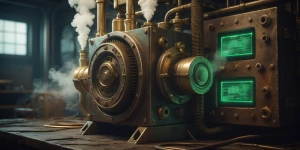 In a dimly lit workshop, a steampunk grungy quantum computer hum...