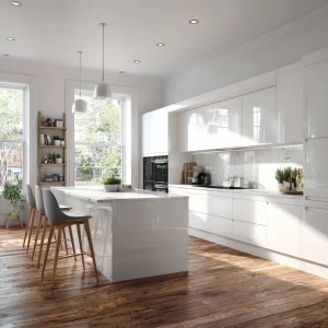Create an image of an ultra-modern kitchen with all-white cabine...