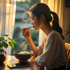 A young Vietnamese woman in her late 20s sitting alone at a smal...