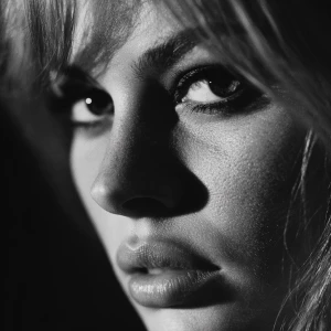 Ultra realistic big close-up portrait of Brigitte Bardot, cinema...